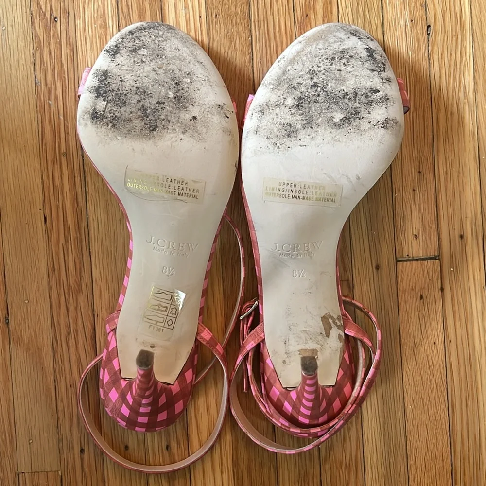 J.Crew Pink Gingham Print Leather Strappy High Heel Sandals with Bow, Size 8.5 - Picture 8 of 10